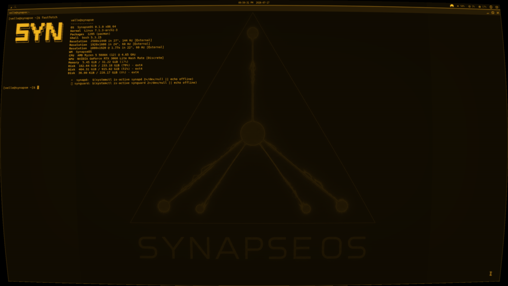 SynapseOS with the CRT post-process filter enabled in amber phosphor, showing scanlines across the whole desktop.