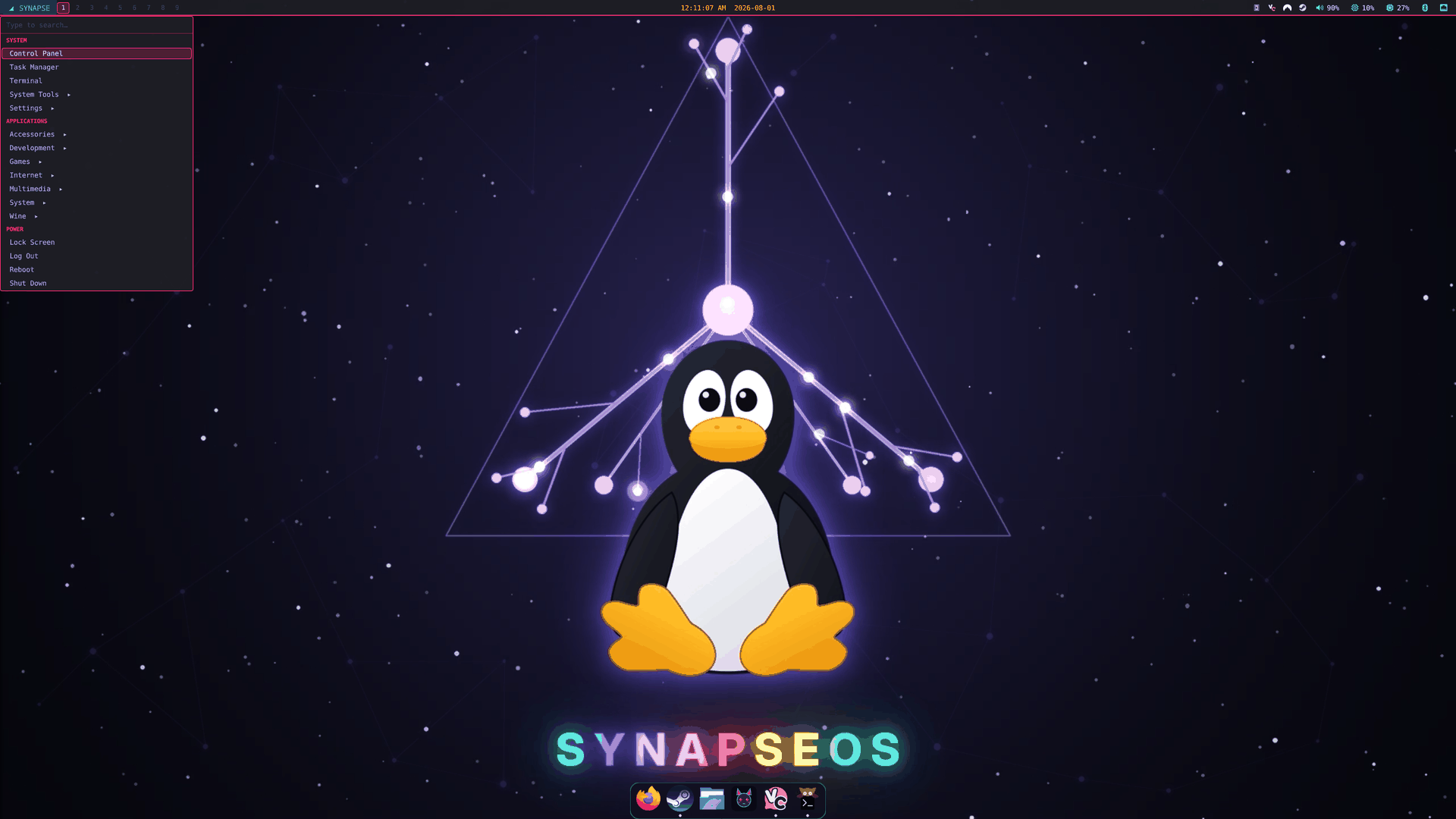 The SynapseOS desktop: the synui Wayland compositor with its quickshell status bar, application menu and auto-hiding dock.